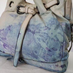 Kooba Leather Purse Hobo Handbag blue purple tie dye tote bag white gray ivory